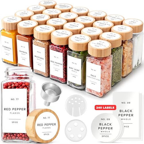 EDELHAUS Square Spice Jars with Bamboo Wooden Lid (Pack of 24) Spice Jars with Shaker Insert and 240 Labels - Bamboo Lid Glass Container for Spice Organisation [4.3 in × 1.8 in] - Image 1