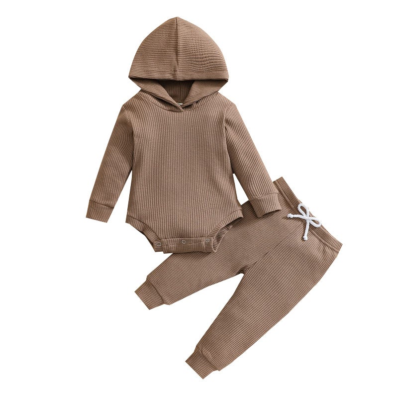 Thorn Tree Newborn Unisex Baby Clothes Set Hooded Long Sleeve Bodysuit Stretchy Pants Girl Boy Cotton Ribbed Outfits Fall Winter Coffee Hooded Suit1218 Months