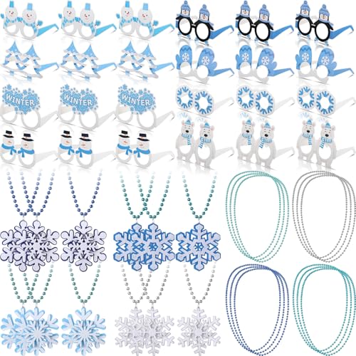 Knitgrip 48pcs Winter Party Favor Snowflake Winter Wonderland Party Decorations Snowman Bear Penguin Paper Eyeglasses Bead Necklaces Supplies Photo Booth Props for Holiday Shower Birthday - Image 1