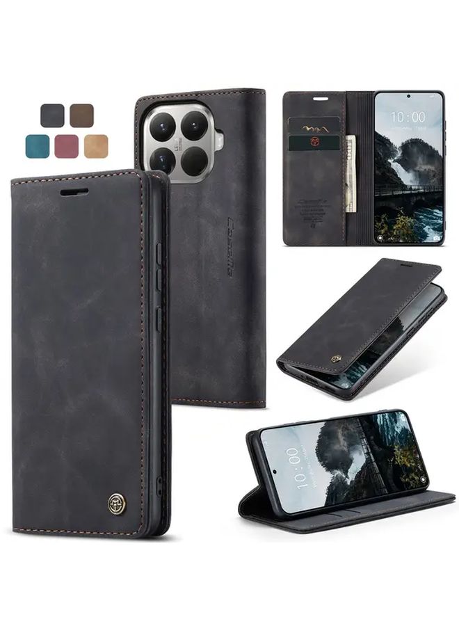 Brown Wallet Case For Xiaomi 15T With Magnetic Folio Card Holder And Kickstand Durable Shockproof - Image 1