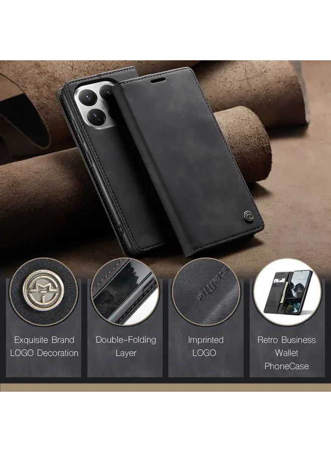 Brown Wallet Case For Xiaomi 15T With Magnetic Folio Card Holder And Kickstand Durable Shockproof - Image 2