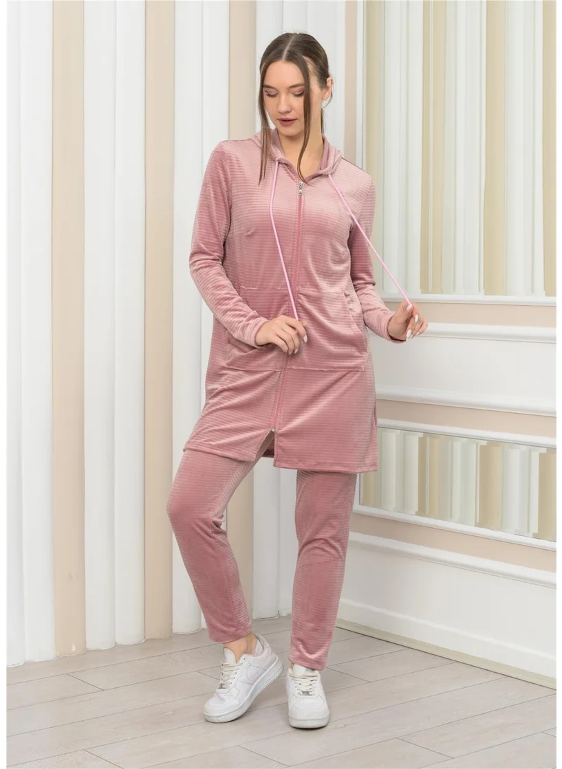 Nuseel Women's Hooded Zippered Tunic Trousers Two Piece Set Powder