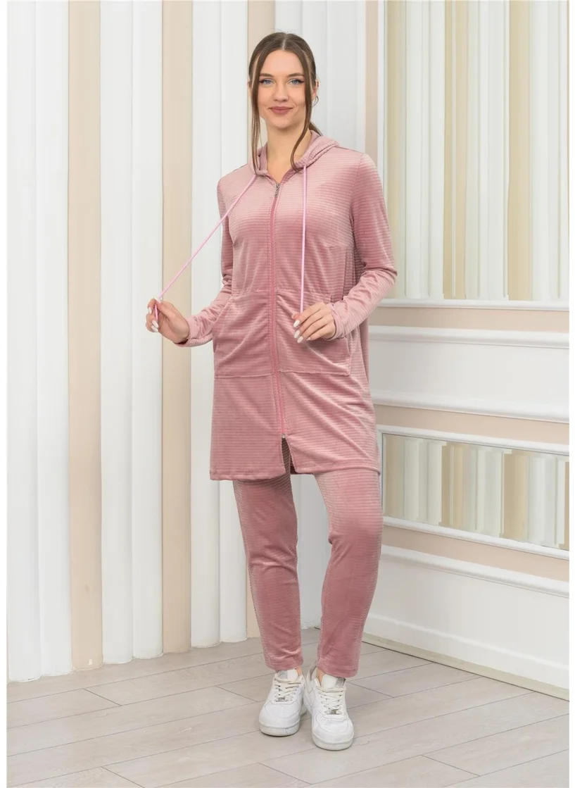 Nuseel Women's Hooded Zippered Tunic Trousers Two Piece Set Powder
