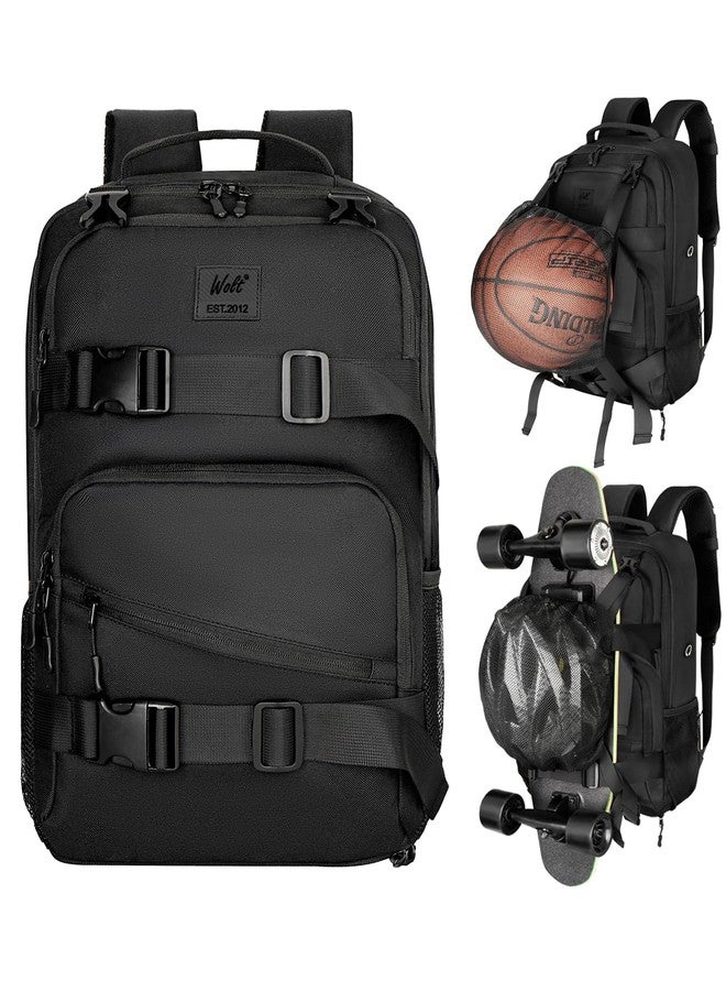 WOLT Skateboard Backpack, 15.6 Inch Laptop Backpack for Men Women, Sports Backpack with Ball Holder for Longboard Basketball Soccer, Black - Image 1