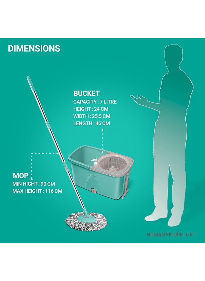 Spotzero by Milton Classic Spin Mop Bucket on Wheels, Extendable Handle | Liquid Dispenser| Wringer Set | 360 Spinning Mop Bucket Floor Cleaning & Mopping System with 2 Microfiber Refills, Aqua Green