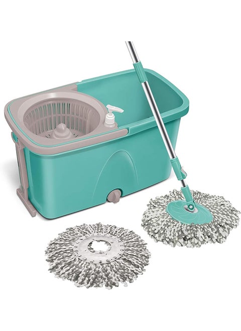 Spotzero by Milton Classic Spin Mop Bucket on Wheels, Extendable Handle | Liquid Dispenser| Wringer Set | 360 Spinning Mop Bucket Floor Cleaning & Mopping System with 2 Microfiber Refills, Aqua Green