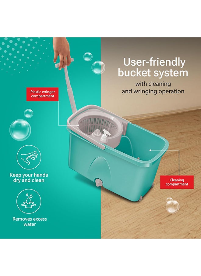 Spotzero by Milton Classic Spin Mop Bucket on Wheels, Extendable Handle | Liquid Dispenser| Wringer Set | 360 Spinning Mop Bucket Floor Cleaning & Mopping System with 2 Microfiber Refills, Aqua Green