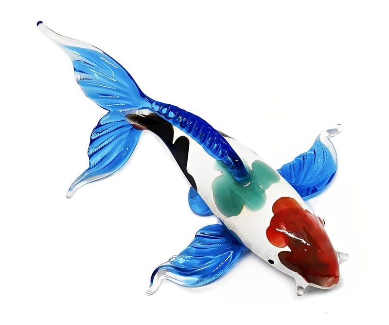 WitnyStore 5½" Blue White Red Koi Carp Fish Artistic Blown Glass Figurine Premium Hand-Blown Statue Tabletop Decoration Unique Collectible for Adult Collectors Handcrafted Elegant Home Room Decor - Image 1
