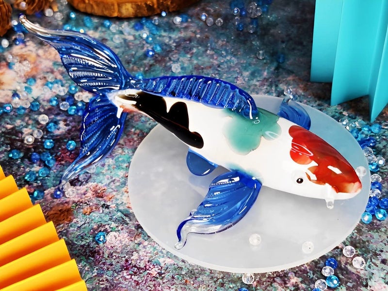 WitnyStore 5½" Blue White Red Koi Carp Fish Artistic Blown Glass Figurine Premium Hand-Blown Statue Tabletop Decoration Unique Collectible for Adult Collectors Handcrafted Elegant Home Room Decor - Image 4