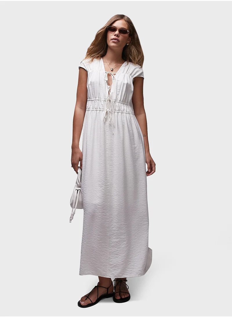 توب شوب Topshop tie front tiered midi dress in ivory