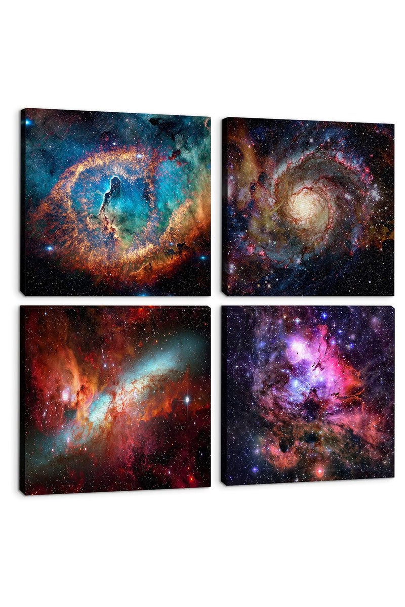 sunfrower Nebula Galaxy Wall Art Painting Prints on Canvas Decorations Wooden Frames 16" x 4 Panels/Set Outer Space Starlight Modern Artwork Pictures Home Decor Cosmic Astronomy Posters - Image 1
