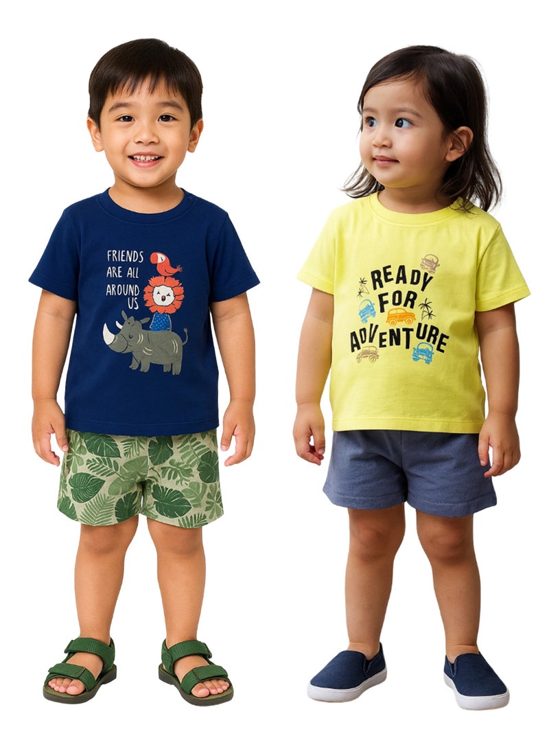 لؤي مجموعة ملابس LUAY 100% من القطن العضوي للأطفال الأولاد والبنات بأكمام قصيرة ملابس أطفال للأولاد والبنات طقم قصير للأطفال الصغار مطبوع عليه حيوانات لطيفة مكون من قطعتين علوية وسروال قصير لحديثي الولادة - Image 1