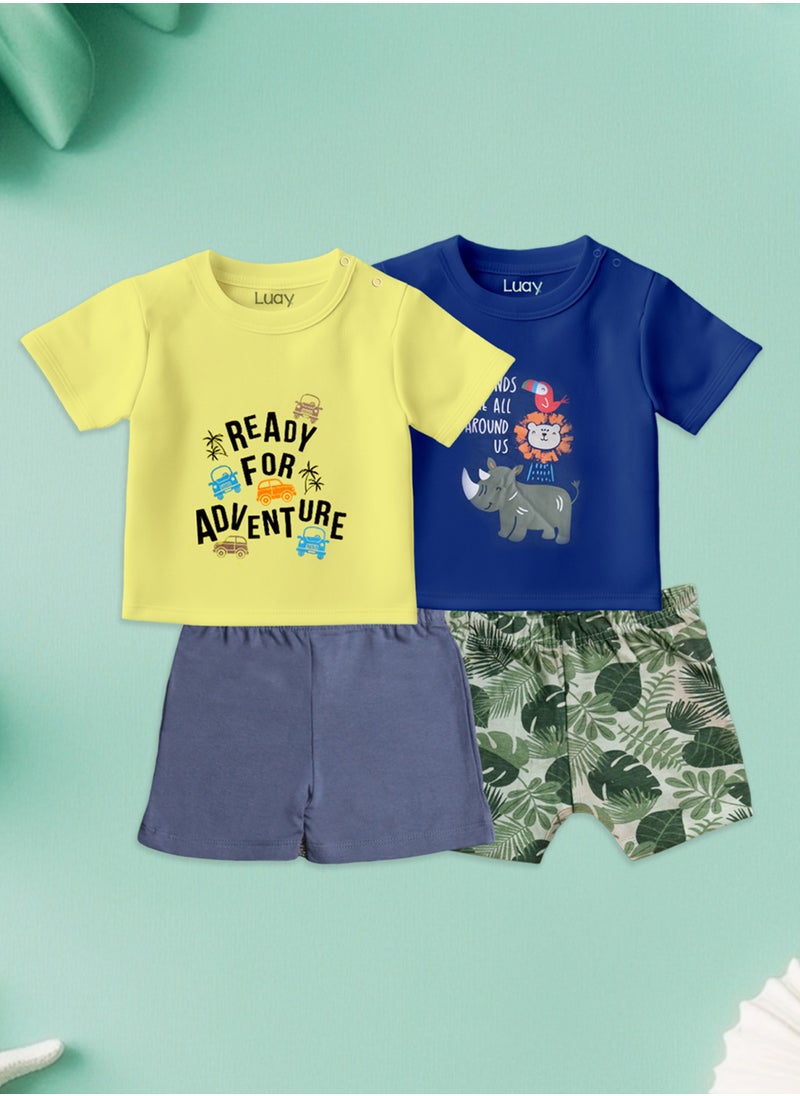 LUAY - 100% Organic Cotton Baby Boy & Girls Clothing Set Short Sleeve Kids Clothes Boys & Girls Toddler Short Set Cute Animal Print Combo Pack Of 2 Top and Shorts Outfit For New born - Image 1