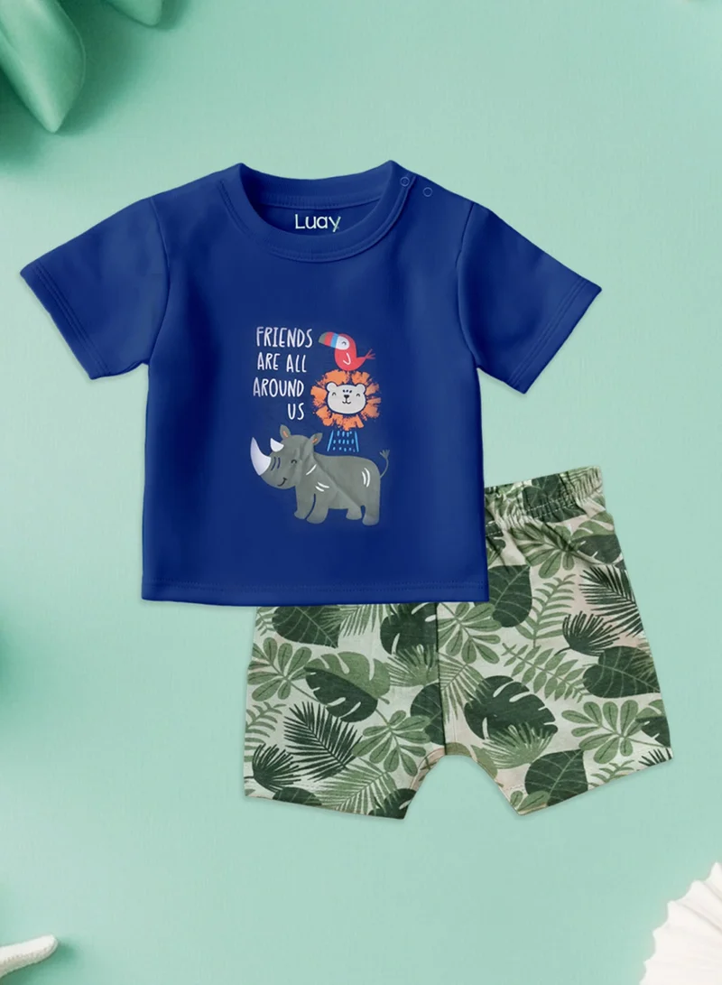 Luay Blue,Yellow 100% Organic Cotton Baby Boy & Girls Clothing Set Short Sleeve Kids Clothes Boys & Girls Toddler Short Set Cute Animal Print Combo Pack Of 2 Top and Shorts Outfit For New born  | Best Price UAE