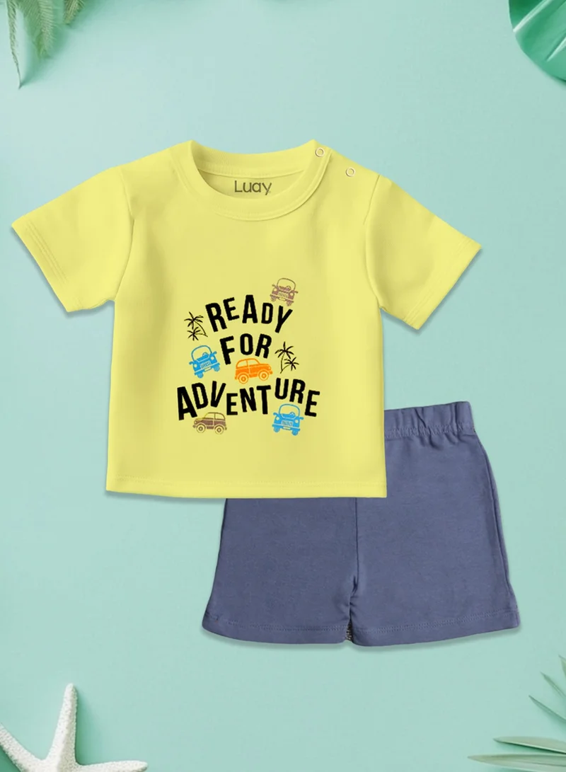 Luay Blue,Yellow 100% Organic Cotton Baby Boy & Girls Clothing Set Short Sleeve Kids Clothes Boys & Girls Toddler Short Set Cute Animal Print Combo Pack Of 2 Top and Shorts Outfit For New born  | Best Price UAE
