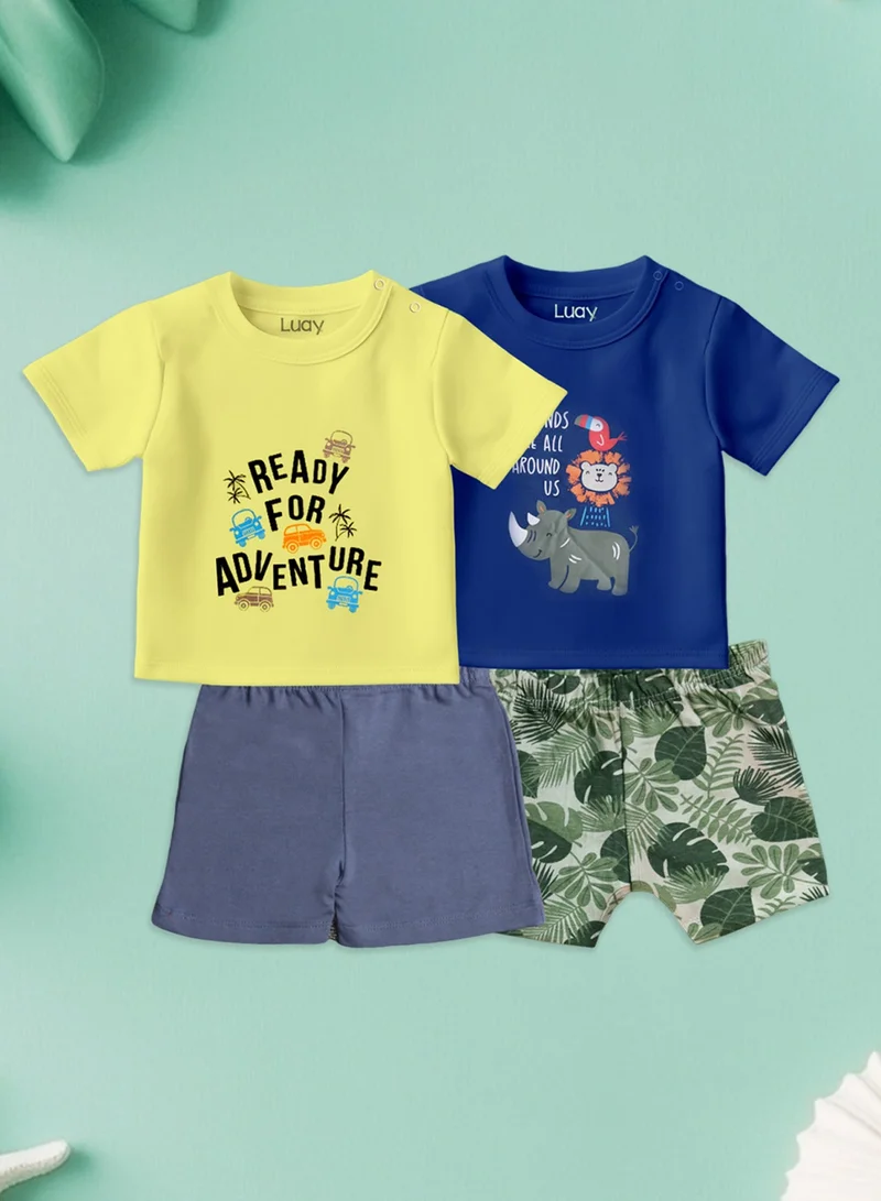Luay Blue,Yellow 100% Organic Cotton Baby Boy & Girls Clothing Set Short Sleeve Kids Clothes Boys & Girls Toddler Short Set Cute Animal Print Combo Pack Of 2 Top and Shorts Outfit For New born  | Best Price UAE