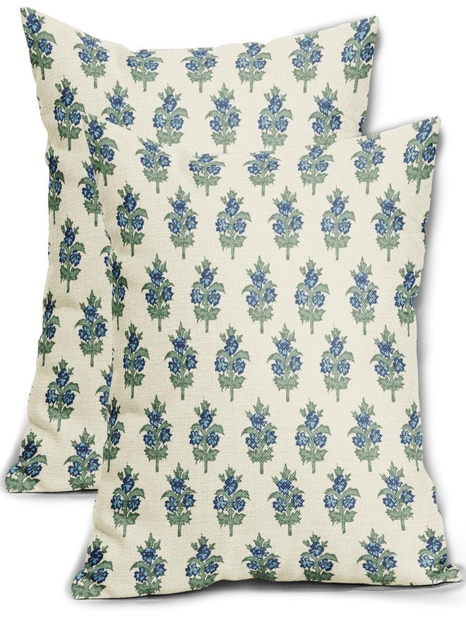 Aytipun Sage Green Blue Floral Block Print Pillow Covers 20x20 Set of 2 Spring Flower Pattern Decorative Throw Pillowcases Outdoor Rustic Farmhouse Square Cushion Cases Decor for Home Couch Sofa Bed - Image 1