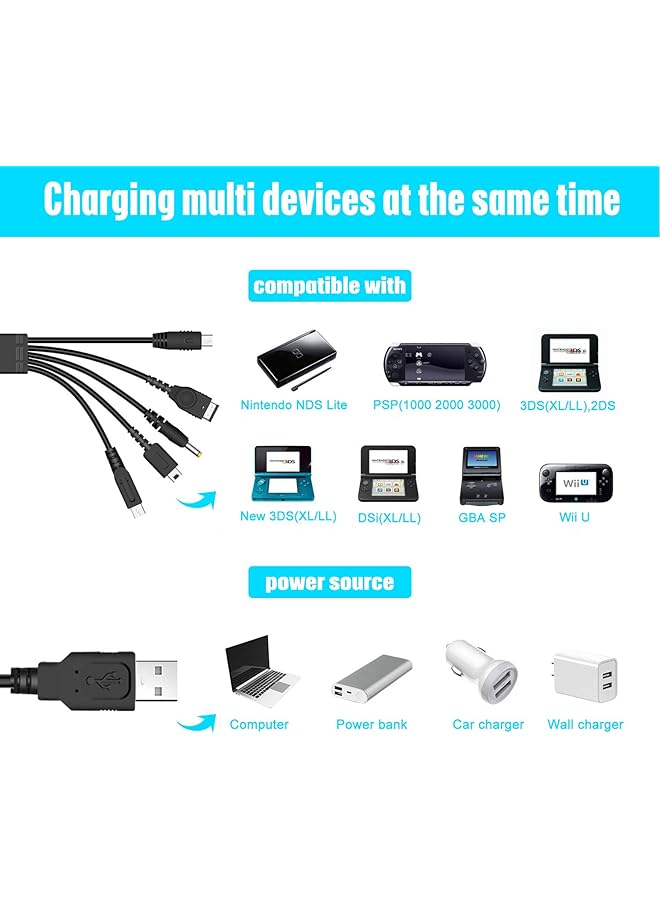 Xahpower 5 In 1 Usb Charger Cable For Nintendo Nds/Wii U/New 3Ds 3Ds 2Ds Dsi Nds/Gba Sp Psp 1000 3000 - Image 3