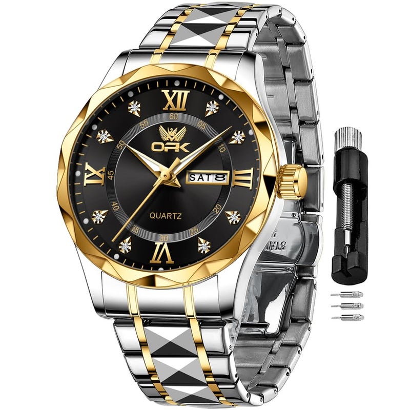 OPK Watches for Men Black Gold Diamond Roman Analog Mens Watches Waterproof Large Stainless Steel Men Wrist Watch Business Father Gift Watch - Image 1