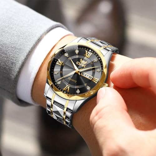 OPK Watches for Men Black Gold Diamond Roman Analog Mens Watches Waterproof Large Stainless Steel Men Wrist Watch Business Father Gift Watch - Image 2
