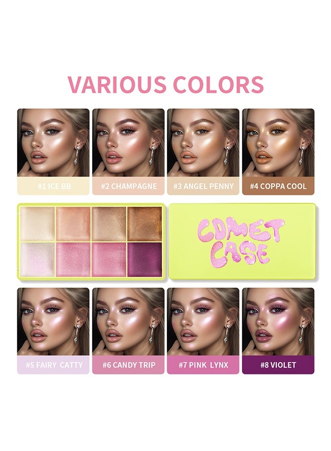 lakerain Cream Highlighter Palette,Highlighter Curve Comet Case, 8 Colors Cream Highlighter Shimmer Glow Silver Gold Blossom Glowy Finish Makeup Palette (#01) - Image 3