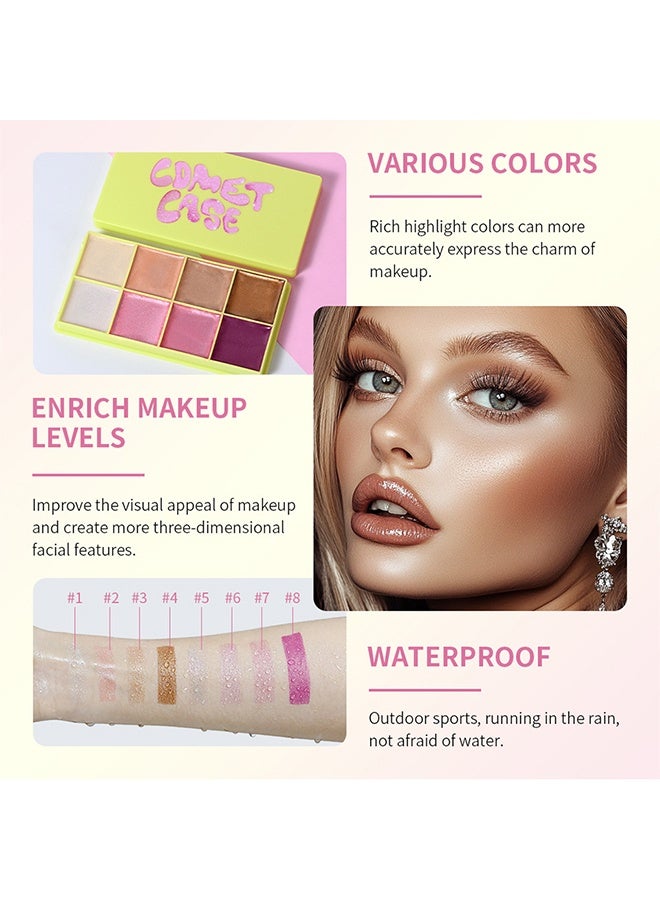 lakerain Cream Highlighter Palette,Highlighter Curve Comet Case, 8 Colors Cream Highlighter Shimmer Glow Silver Gold Blossom Glowy Finish Makeup Palette (#01) - Image 5