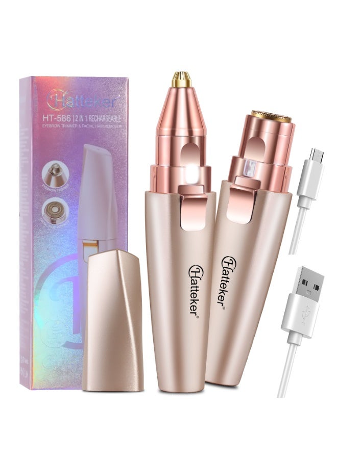 Hatteker Eyebrow & Facial Trimmer: 2 in1 Rechargeable Facial Hair Removal & Eyebrow Shaver - Body Razor with Built-in LED Light (Rose Gold) - Image 1