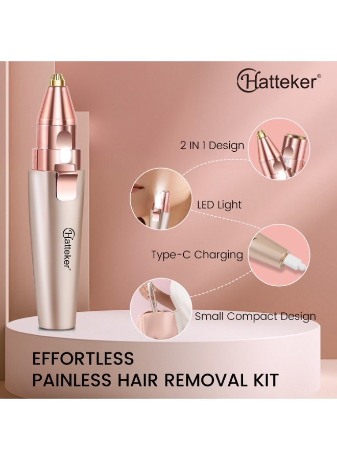 Hatteker Eyebrow & Facial Trimmer: 2 in1 Rechargeable Facial Hair Removal & Eyebrow Shaver - Body Razor with Built-in LED Light (Rose Gold) - Image 2