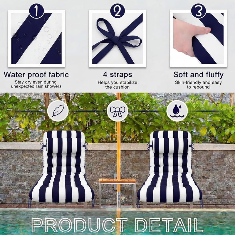 Tudomro Outdoor Chaise Lounge Cushion 66x21x4'' Waterproof & Fade-Resistant Patio Pool Chaise Lounge Cushion Headrest Pillow Tie Replacement Rocking High Back Chair(Navy Blue, White Stripe,1 Pcs) - Image 3