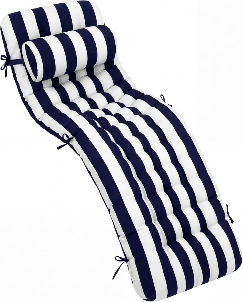 Tudomro Outdoor Chaise Lounge Cushion 66x21x4'' Waterproof & Fade-Resistant Patio Pool Chaise Lounge Cushion Headrest Pillow Tie Replacement Rocking High Back Chair(Navy Blue, White Stripe,1 Pcs) - Image 1