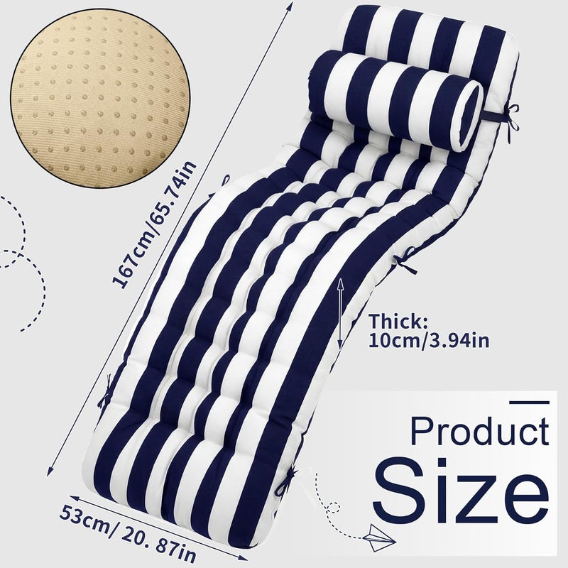 Tudomro Outdoor Chaise Lounge Cushion 66x21x4'' Waterproof & Fade-Resistant Patio Pool Chaise Lounge Cushion Headrest Pillow Tie Replacement Rocking High Back Chair(Navy Blue, White Stripe,1 Pcs) - Image 2