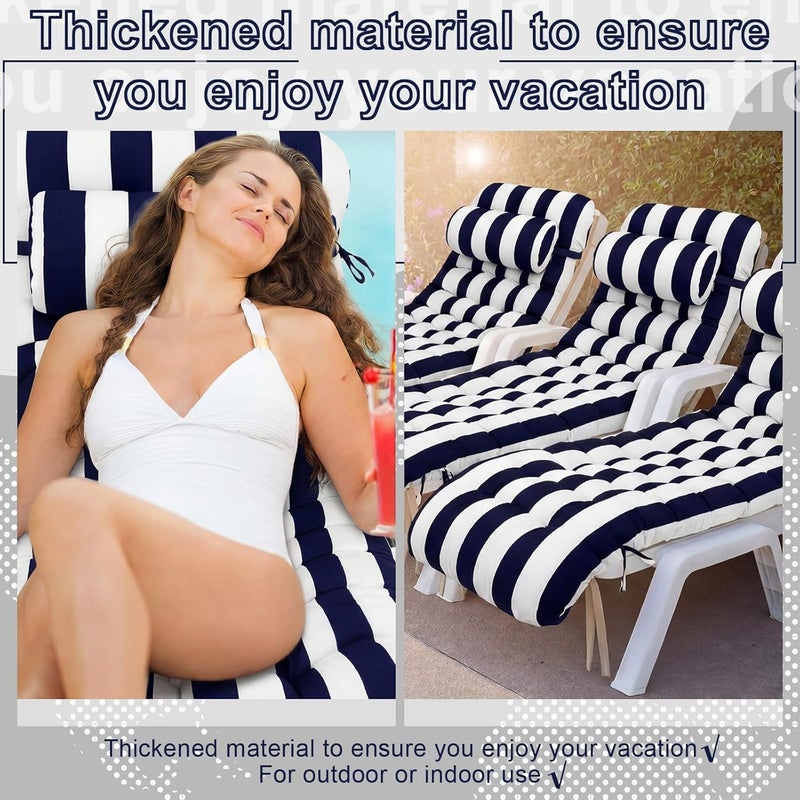 Tudomro Outdoor Chaise Lounge Cushion 66x21x4'' Waterproof & Fade-Resistant Patio Pool Chaise Lounge Cushion Headrest Pillow Tie Replacement Rocking High Back Chair(Navy Blue, White Stripe,1 Pcs) - Image 5