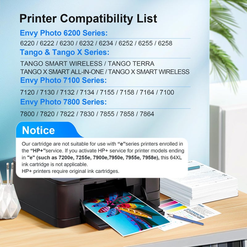 Adoccur 64XL Ink Cartridge Replacement for HP Ink 64 HP 64 Ink for HP 64XL Ink Cartridge Combo Pack Works with Envy Photo 7855 7858 6252 6255 7800 7100 7155 7158 Tango Series Printer (2 Pack) - Image 2