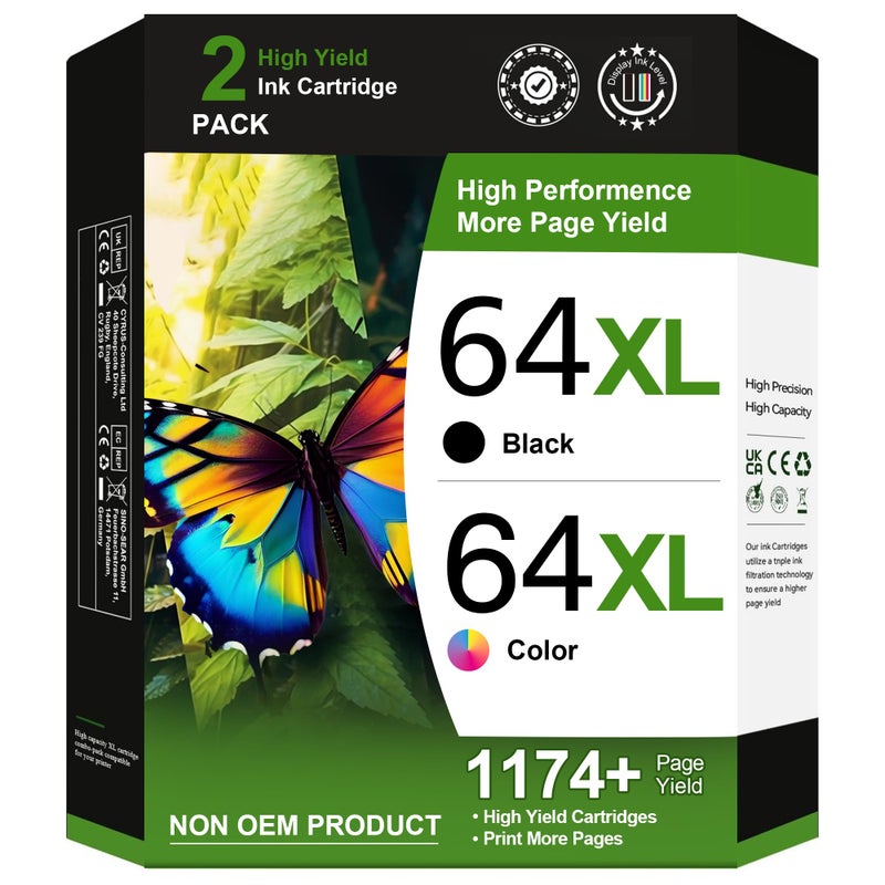 Adoccur 64XL Ink Cartridge Replacement for HP Ink 64 HP 64 Ink for HP 64XL Ink Cartridge Combo Pack Works with Envy Photo 7855 7858 6252 6255 7800 7100 7155 7158 Tango Series Printer (2 Pack) - Image 1