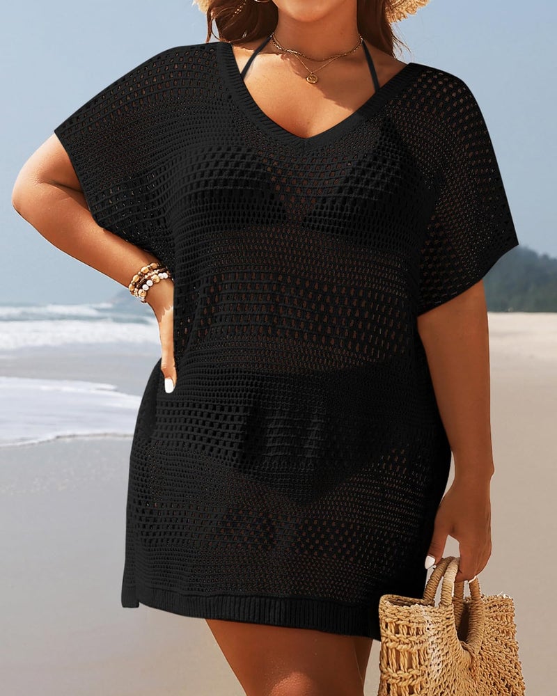 Yonique Plus Size Swimsuit Cover Up - Crochet Swim Cover Up 2025 Bathing Suit Short Sleeve Beach Dress Black 18W - Image 2