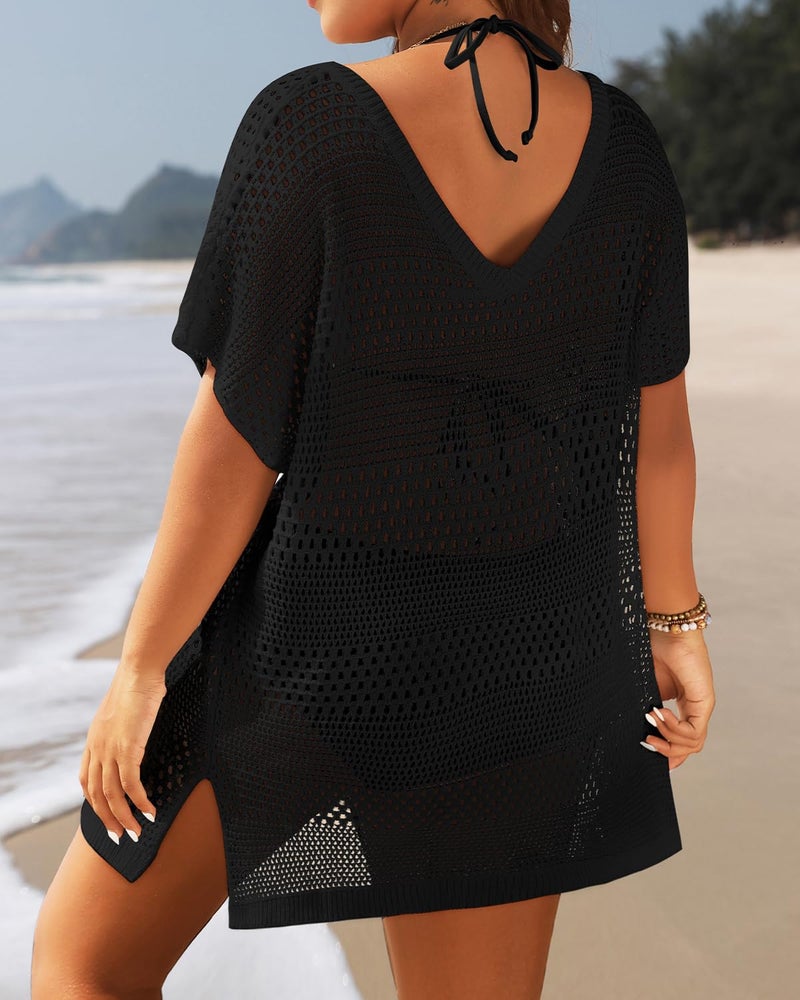 Yonique Plus Size Swimsuit Cover Up - Crochet Swim Cover Up 2025 Bathing Suit Short Sleeve Beach Dress Black 18W - Image 3