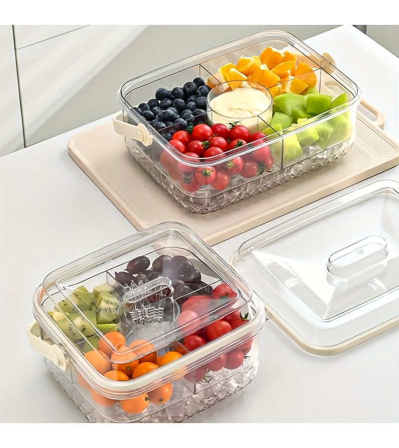 1pc Transparent White Party Fruit Snack Cake Container with Handle Divided Vegan Salad Lunch Box Food Grade Large Storage Tray For Fruits Vegetables - Image 5