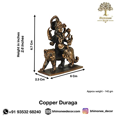 Bhimonee Decor Copper Handmade Durga MATA Idol | Chamundeshwari Sherawali MATA Murti | 2.6-Inch Hindu Goddess Statue for Home Temple, Office Desk & Spiritual Decor | Auspicious Gift for Good Luck - Image 3