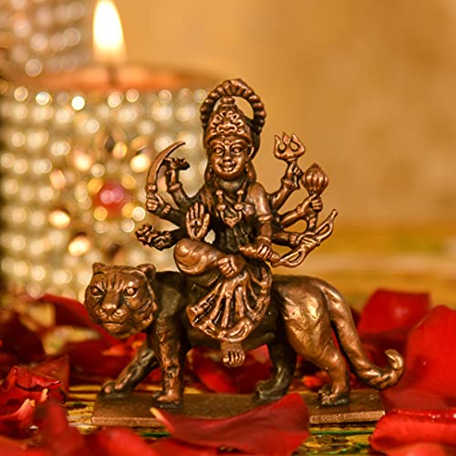 Bhimonee Decor Copper Handmade Durga MATA Idol | Chamundeshwari Sherawali MATA Murti | 2.6-Inch Hindu Goddess Statue for Home Temple, Office Desk & Spiritual Decor | Auspicious Gift for Good Luck - Image 1