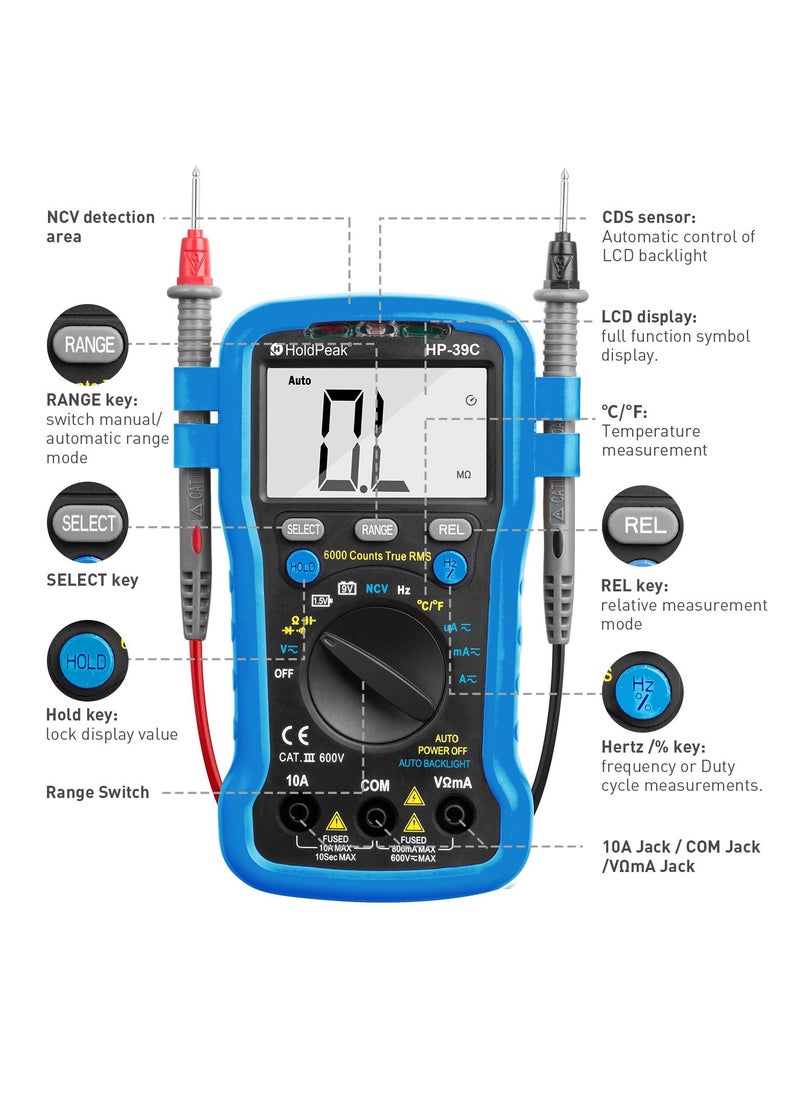 HoldPeak - Digital Multimeter HP-39C 6000 Counts AC/DC Voltmeter NCV Measure AC/DC Current & Voltage Temperature Capacitance True RMS Multimeter - Image 1