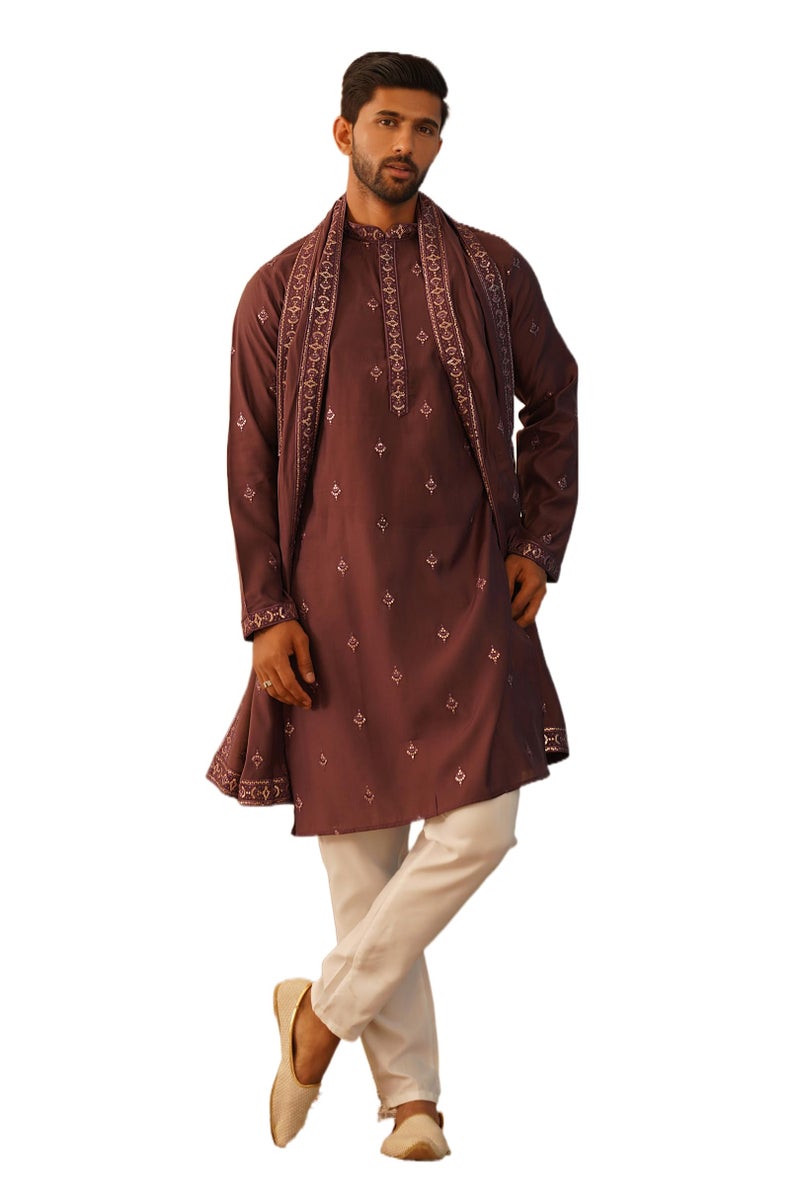 Jompers Men's Purple Embroidered & Sequin Kurta Pyjama With Dupatta. (Purple, XL) - Image 1