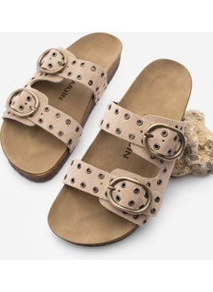 MARJIN Women's Leather Trocque Buckled Daily Suede Slippers Nivor  - Image 1