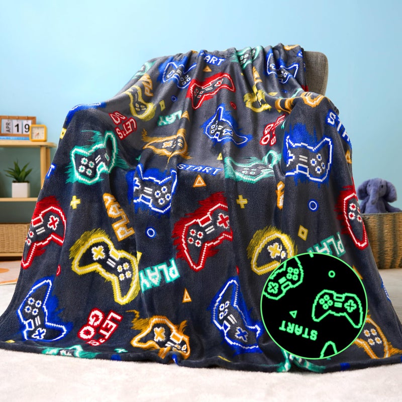 Joiedomi Glow in The Dark Gaming Blanket Gamer Gifts for Boys Age 2 3 4 5 6 7 8 9 10 11 12 Year Old, Soft Cozy Flannel Kids Throw Blanket, Birthday Bedroom Decor Grey 50"Ã—60" - Image 1