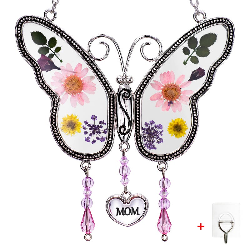 BOGDAN Butterfly Suncatcher with Pressed Flower Wings Mothers Day Butterfly Glass Wind Chime Ornament Charm with Metal Heart Happy BirthdayGifts for Mom with Free Hook Mom