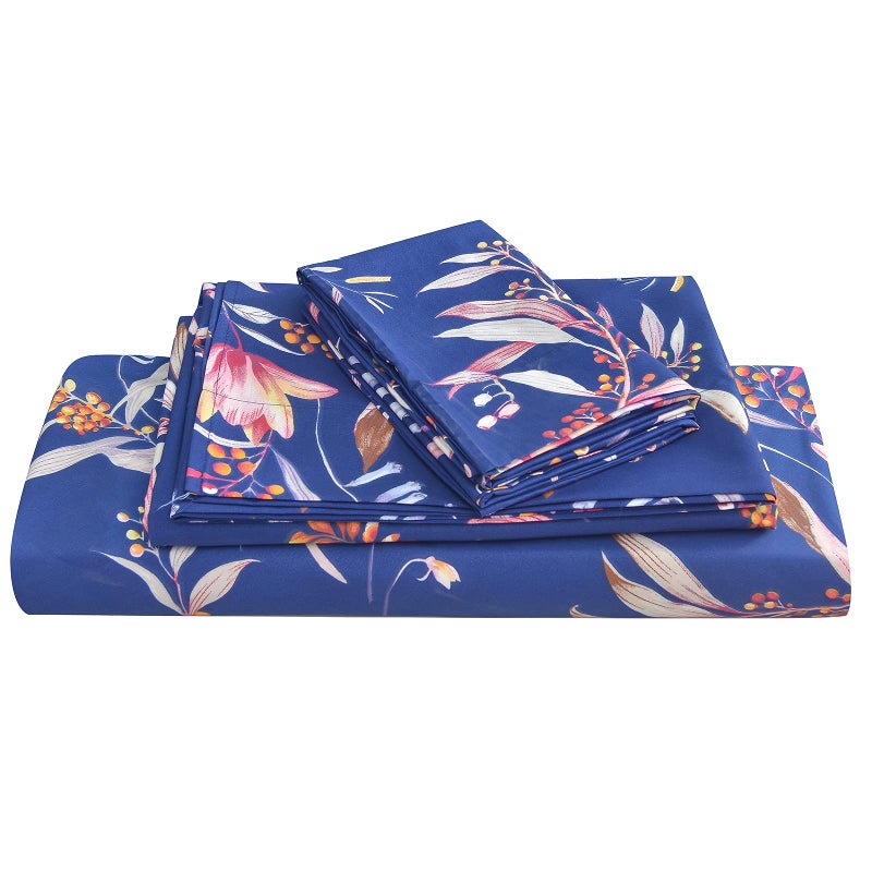 جي اس دي jsd navy floral sheet مجموعة كاملة الحجم 4 قطع الألياف الدقيقة مطبوعة جدا - Image 1