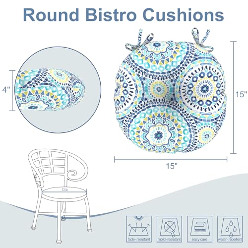 LVTXIII Outdoor Bistro Chair Cushions, 15"x15"x4" Round Patio Chair Cushions, All Weather Tufted Seat Cushions for Patio Furniture Use, Set of 2, Delancey Lagoon - Image 3