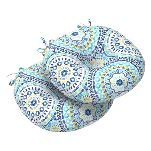 LVTXIII Outdoor Bistro Chair Cushions, 15"x15"x4" Round Patio Chair Cushions, All Weather Tufted Seat Cushions for Patio Furniture Use, Set of 2, Delancey Lagoon - Image 1