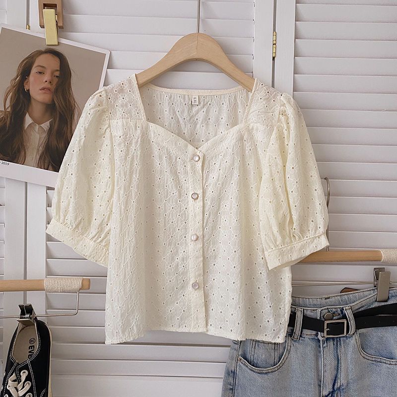 Square Neck Cut Out Hook Pattern Single-Breasted Puff Sleeve Short Shirt For Women 2025 Summer Korean Style Versatile White Top - Image 1