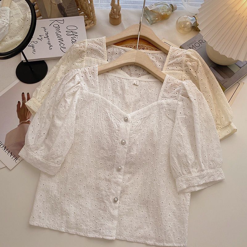 Square Neck Cut Out Hook Pattern Single-Breasted Puff Sleeve Short Shirt For Women 2025 Summer Korean Style Versatile White Top - Image 4