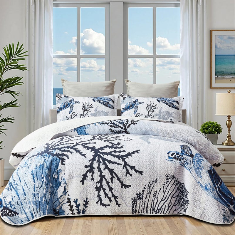 Coastal Bedding King Size Coastal Quilt with 2 Shams Nautical Beach Comforter Sets Ocean Bedspreads Blue Seaturtle Coverlet Summer Bedding 96x106